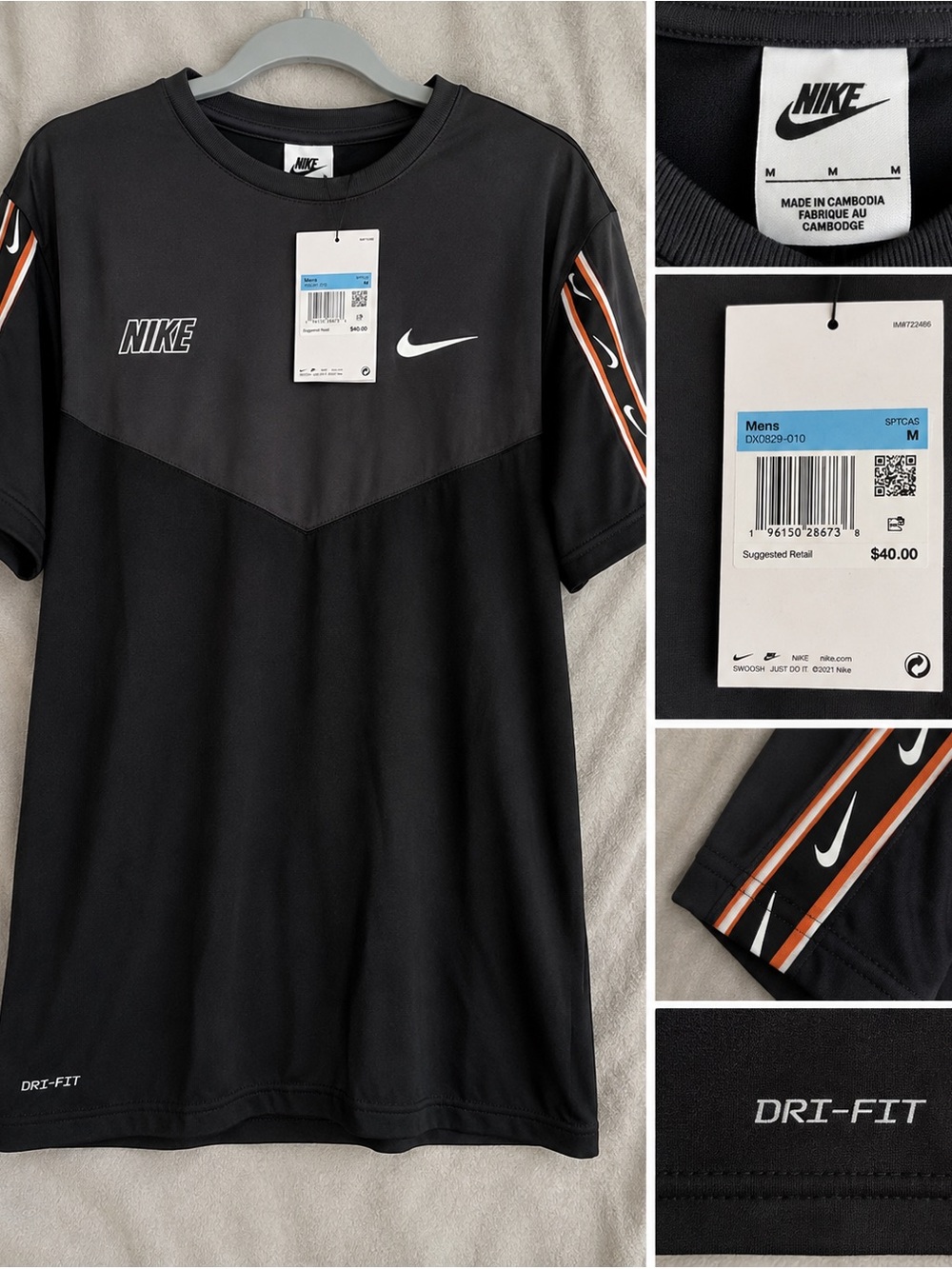 Nike Men’s Black Short Sleeve Dri-FIT Tee with Orange Stripe Accents